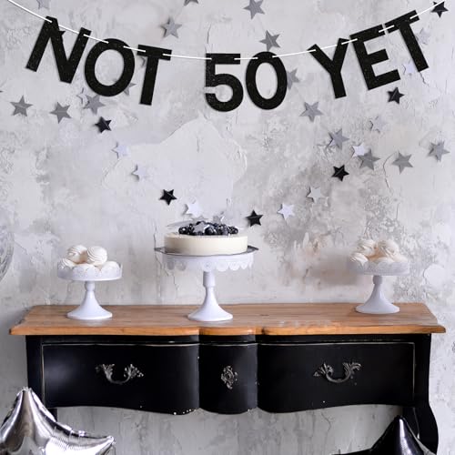 Image of Not 50 Yet Banner - Last Year in My 40s Banner, Happy 49th Birthday Sign, Cheers to 49 Years, Funny 49th Birthday Party Decorations Black Glitter