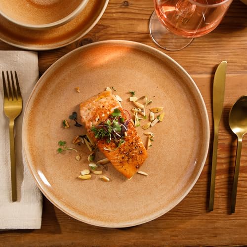 Image of Gibson Elite Manila Bay 12-Piece Stoneware Dinnerware Set, Service for 4, Reactive Glaze Modern Artisan Plates, Bowls & Mugs, Orange, Round Design