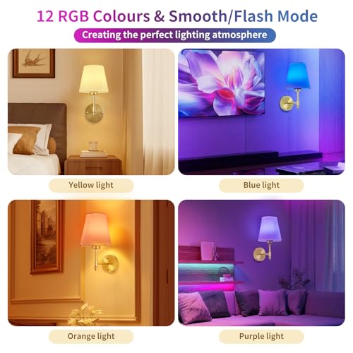 Image of Battery Operated Wall Sconce Set of 2, Rechargeable Wireless Wall Lights with fabric Lampshade, 5200mAh Dimmable Bulbs with Remote,15 Colors Wireless Wall Lamps for Bedroom Living Room Hallway Decor