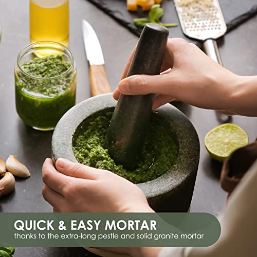 Kyonan Kyonano Mortar And Pestle Set With Bamboo Base, Guacamole Bowl, 100% Natural Granite, Stone Grinder For Spices, Extra Large Pestle Heavy & Durable, Molcajete Bowl, 1.4 Cup Capacity #TOP5