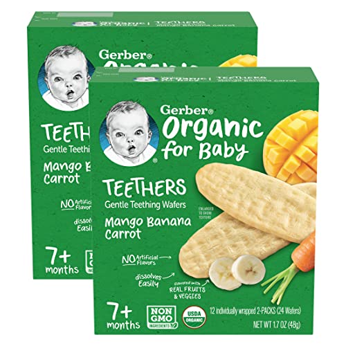 Image of Gerber Organic for Baby Teethers, Mango Banana Carrot, Gentle Teething Wafers, Made with Non-GMO Ingredients, 12 Individually Wrapped 2 Packs Per Box (Pack of 2 Boxes)
