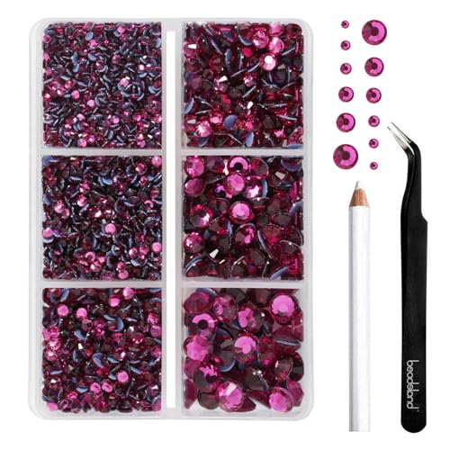 Image of BEADSLAND Hotfix Rhinestones, 4000 PCS Hot Pink Rhinestones for Clothes Crafts Mixed 6 Sizes with Wax Pencil and Tweezers Kit, SS6-SS30, Fuchsia