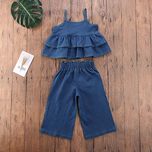 2PCS Baby Girls Denim Outfit Sets Sleeveless Spaghetti Strap Layered Ruffles Tank Top + Straight Jeans3