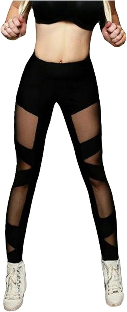Women's Leggings Mesh Panel Crossover Sports Yoga Pants High Waist Leggings See-Through Sweatpants