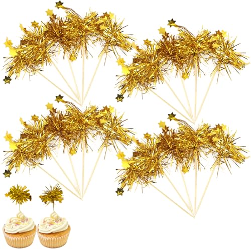 20 Pcs Star Foil Firework Cupcake Toppers,Gold Cake Decorations,Cupcake Decorations,Sparkle Tinsel Cake Toppers,Suitable for Birthday Wedding Party Mothers Day