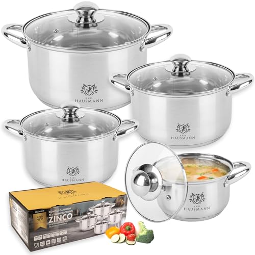 KARL HAUSMANN Topfset Induktion Edelstahl 4-Teilig - Kochtöpfe für Alle Herdarten - Kochtopf Set mit Glasdeckel - Töpfe mit Messskala - Topf Set - Kochtopfset - Topfsets - Pots - Induktionstöpfe