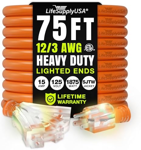 75ft outdoor/indoor extension cord 3-outlet 12/3 gauge extra heavy duty etl listed, 3 prong sjtw, waterproof, flexible cold-resistant long power cord,125 amp 1875w, orange by lifesupplyusa 75 ft 1 pack orange