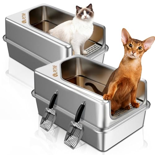 PETNF All Metal Cat Litter Box - All Stainless Steel Litter Box, Odor-Free Large Capacity with Included Litter Scoop, Leak-Proof High-Sided, Easy-to-Maintain for Big Cats & Multi-Cat Homes (2 Pack)