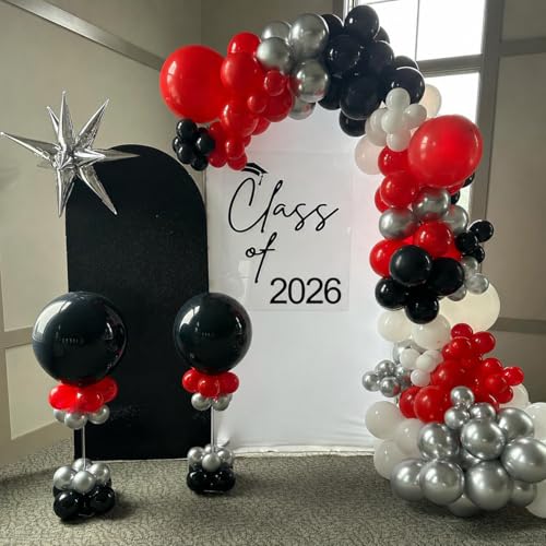 Image of Red Black Balloons, 60 Pcs 12 Inch Double Stuffed Red Matte Black White Balloon with Metallic Silver Balloon for Halloween Vampire Prom New Year Race Car Theme Birthday Poker Card Party Decorations