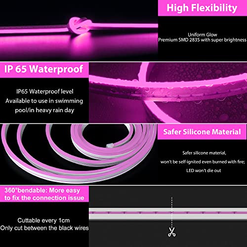 Image of Lamomo LED Neon Flex, 16.4ft /5m Pink Neon Light Strip, 12V Flexible Waterproof Neon LED Strip, Silicone LED Neon Rope Light for Kitchen Bedroom Indoor Outdoor Decoration(Power Adapter no Included