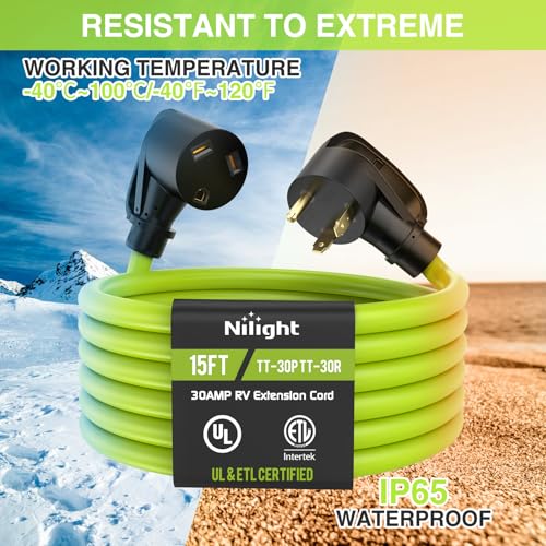 Image of Nilight 15FT 30 Amp RV Extension Cord 125V Heavy Duty 10 /3 Gauge Pure Copper STW Wire UL ETL Listed 3 Prong TT-30P TT-30R Weatherproof Suit for Camper Caravan Trailer Bright Green