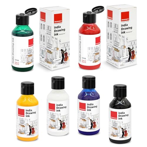 Image of Isomars India Drawing Ink Set 6 Colours - 100ml Bottled Ink (Set of 6 (100ml), Deep Black, Primary Blue, Crimson Red, Forest Green, Titanium White, Primary Yellow)