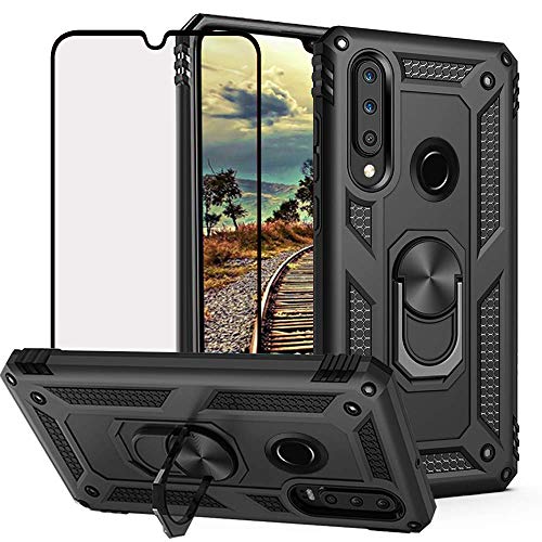 DuoLide for Huawei P30 Lite Case with Tempered Glass Screen Protector,Hybrid Heavy Duty Dual Layer Anti-Scratch Shockproof Defender Kickstand Armor Case Cover, Black