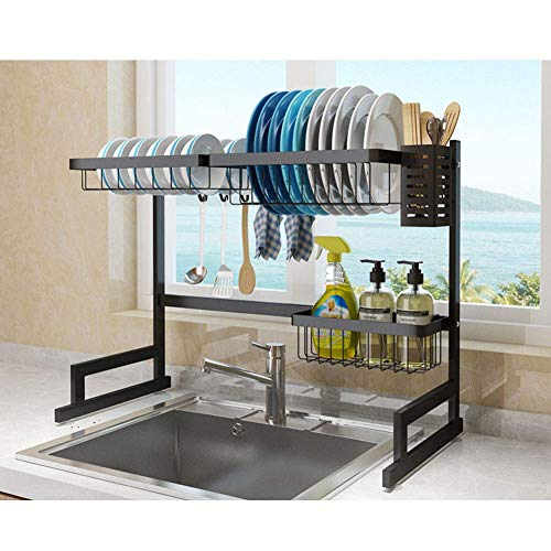 Over Sink Dish Drainer Regal, Edelstahl Geschirrtrockner mit Utensilienhalter Counter Organizer Geschirrkorb Küche Schwarz 85cm (33inch)