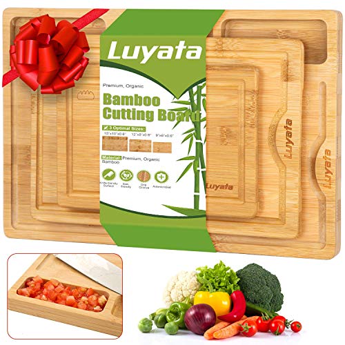Organic Bamboo Cutting Boards (Set of 3 ), Kitchen Chopping Board Wood Butcher Block Wooden Carving Board with 3 Built-in Compartments and Juice Grooves for Meat Vegetables Fruits Serving Tray