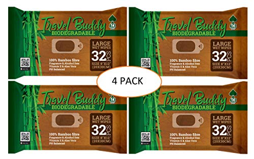 Ace Travel Buddy Large Body Wet Wipes Biodegradable Bamboo Wipe - Gym, Travel, Camping, Backpacking, Hiking, Festival Essentials/Accessories, 4packs X 32wipes = 128 Wipes total(8"X12"/20X30CM)