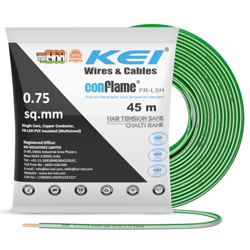 Image of KEI CONFLAME FRLSH 0.75 sqmm 1 Core Copper Heat Resistant Flame Retardant Low Smoke & Halogen - Lead Free House Wire for Domestic & Industrial Electrical Wiring (Green, 45 Meters)