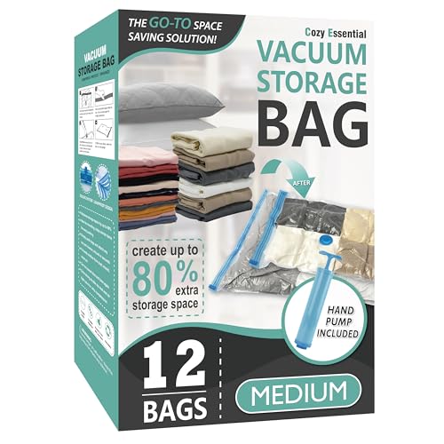 Image of Cozy Essential Vacuum Storage Bags, 80% Compression Vacuum Seal Space Saver Plastic Packaging Bags for Clothes, Blankets, Pillow, Bedding, Comforters, Sealer Clothing Storage,12 Medium