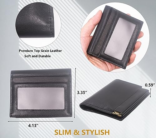 Leather Wallet for Men, Short Bifold Slim Men's Wallet with Squeeze Coin Pocket Card Holder ID Window, Top Grain Leather Mens Wallet with Gift Box (Black)4