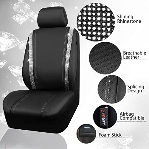Car Pass Bling Diamond Leather Steering Wheel Cover, Universal Fit 14" 1/2-15" Bling Car Seat Covers, Shining Rhinestone Diamond Waterproof Faux Leather Two Front Only, Sliver #TOP5