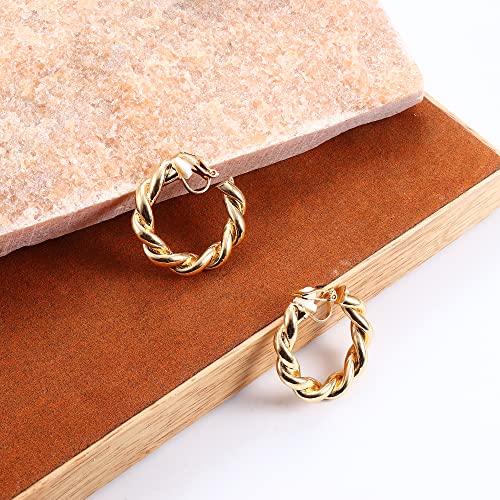 Fasacco Gold Clip On Hoop Earrings For Women Fashion Clip On Earrings Twist Round Geometric Chunky Hoop Clip Earrings No Piercing Fake Earrings, Gold #TOP5