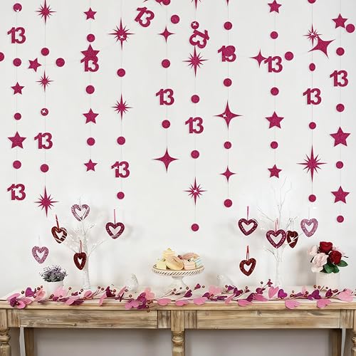 Image of Burgundy 13th Birthday Decorations Number 13 Circle Dot Star Garland Glitter Streamer Banner Backdrop for Girls Boys Official Teenager Cheers to 13 Years Old Birthday 13th Anniversary Party Supplies