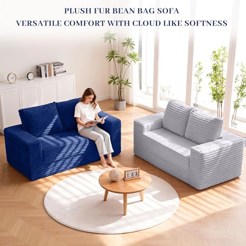 Image of HABUTWAY 62 inch Small Boneless Couch,3-in-1 Convertible Folding Sofa Bed, Corduroy Loveseat Sofa Bed w /2 Pillows for Living Room /Guest Room No Assembly Required, Blue