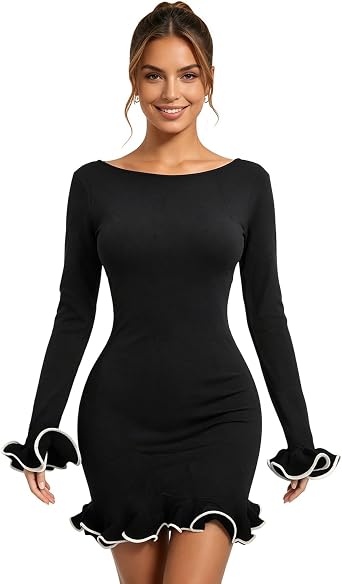 AIBEARTY Womens Elegant Knitted Ruffle Hem Mini Dress Long Flared Sleeve Contrast Color Bodycon Party Club Short Dresses