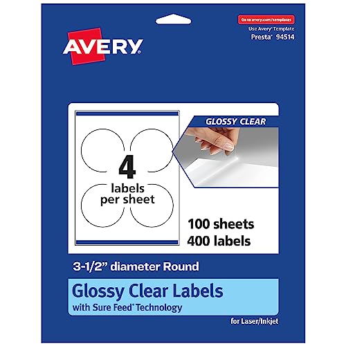 Avery Glossy Clear Round Labels, Sure Feed Technology, 3.5" Diameter, 400 Glossy Clear Labels, Print-to-The-Edge, Laser/Inkjet Printable