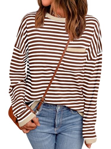 Image of LILLUSORY Womens Striped Soft Knit Pullover Sweater Loose Fit Shirts with Chest Pocket