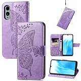 に適用するArrows We2 F-52E ケース 手帳型 ノートブック型携帯電話保護カバー多機能携帯電話ホルスター財布携帯電話ホルダーバンプパターンテクスチャ耐久性摩擦耐性携帯電話ケース男性と女性に適した多色オプション (バタフライラベンダー)