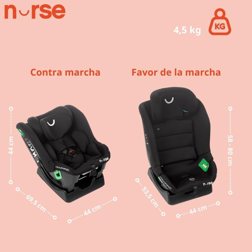 Nurse Traffic Silla de Coche i-Size 40-150 cm, 0-12 Años, Sin Isofix, Contramarcha, Reclinable, con Reductor, Instalación con Cinturón, Negro
