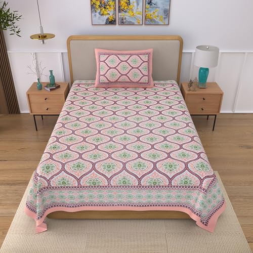 Image of 100% Cotton Single Bedsheet with 1 Pillow Cover | 240 TC Pure Cotton Flat Bed Sheet | Traditional Jaipuri Printed Bedding Set | Soft & Breathable | 60 x 90 Inch (Rangmahal Single 15)