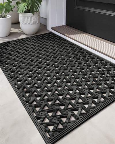 DEXI Front Door Mat Outside Entrance Rubber 19x30 Welcome Floor Doormat Heavy Duty Non Slip Dirt Trapper Waterproof Exterior Entry Mats All Weather for Patio Entryway Drainage Black