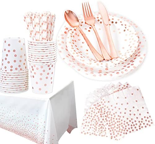 OUGOLD Rose Gold Decorations, 202 PCS Paper Plates Napkins Cups, Rose gold Tablecloths Plastic, Disposable Dinnerware Polka Dot Party Supplies for Girls Or Women, Wedding Bridal Shower Birthday