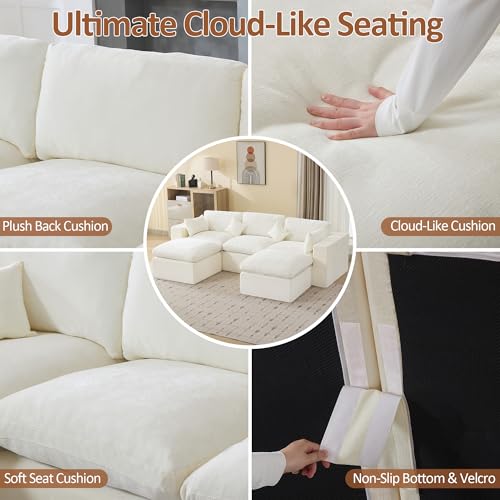 Image of 115'' Cloud Boneless Sectional Couch, Modular Sectional Sofa Deep Seat with 2 Ottomans, Oversized Upholstered Convertible Comfy 5 Seater Chenille Sofa U Shape Couches for Living Room, Beige