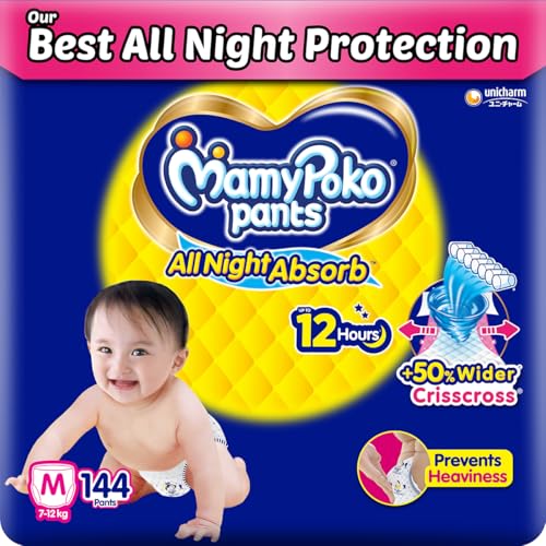Image of Mamypoko Pants All Night Absorb| Pant Style Baby Diapers Medium Size(M), 70 Count (Pack of 2), Ideal for 7-12Kgs|+50% Wider and Repeated Absorption for All Night 12hr Protection from Leakage, Prevents Heaviness