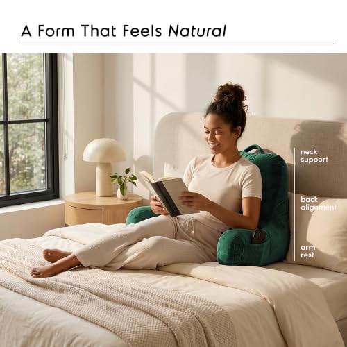 Image of Nestl Reading Pillow with Shredded Memory Foam, Designed for Sitting Up in Bed and Couch, Back and Arms Adjustable Support for Adult & Teens Backrest Pillows for Reading with Washable Cover Dark Green