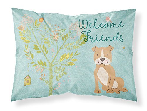Caroline's Treasures BB7624PILLOWCASE Welcome Friends Brown Staffie Fabric Standard Pillowcase Lightweight Super Soft Easy Care Decorative Artwork Pillowcase, Standard
