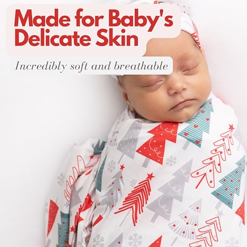 Image of Newborn Baby Girl Receiving Blanket Swaddle Blanket Stretchy Knit Swaddle Set with Matching Headband and Beanie (Red Tree Christmas)