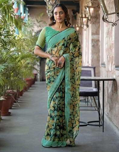 Image of SIRIL Women's Chiffon Printed Saree with Unstitched Blouse Piece