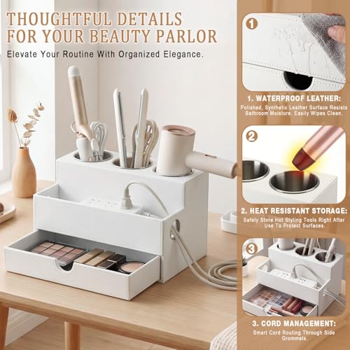 Image of AceOrbit Hair Tool Organizer with Drawer Back to School Gift Leather Bathroom Vanity Organizer White Blow Dryer Hot Styling Tool Hair Holder for Countertop Curling Iron Flat Iron Straightener Makeup