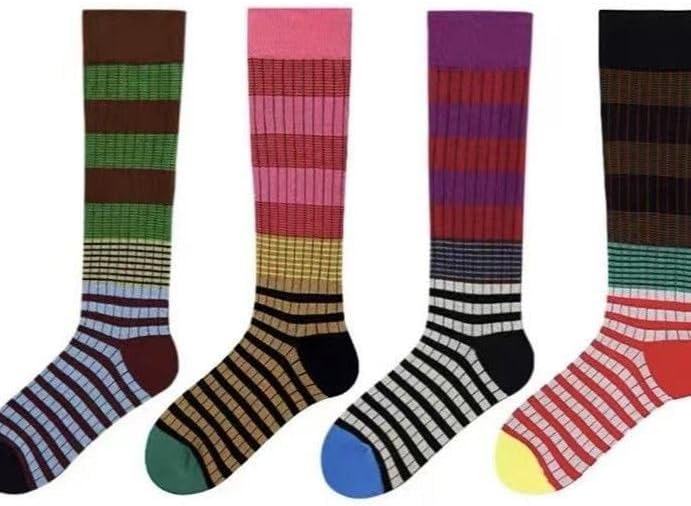 Women Striped Calf Socks Retro Color Block Slouch Year-round Casual Athletic Cotton Socks for Daily Wear 4 Pairs.
