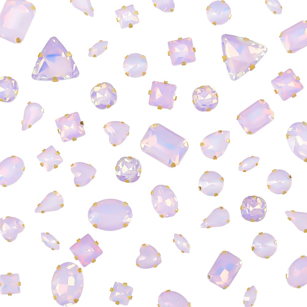 GORGECRAFT 50Pcs 13 Styles Sew On Rhinestone Mixed Shapes Sewing Crystal Gems Light Purple Flatback Clear Glass Rhinestones with Gold 4-Claws for DIY