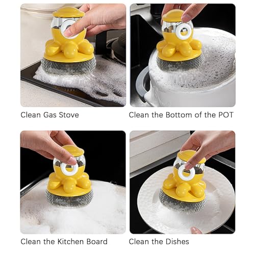 Image of Dish Brush with Dish Scrubber, Cute Octopus Dish Scrub Brush for Pots Sinks & Home Kitchen Wall-Mounted Soap Dispensing Cleaning Tool with Attachable Placement Slot, Include 3 Brush Head(Yellow)
