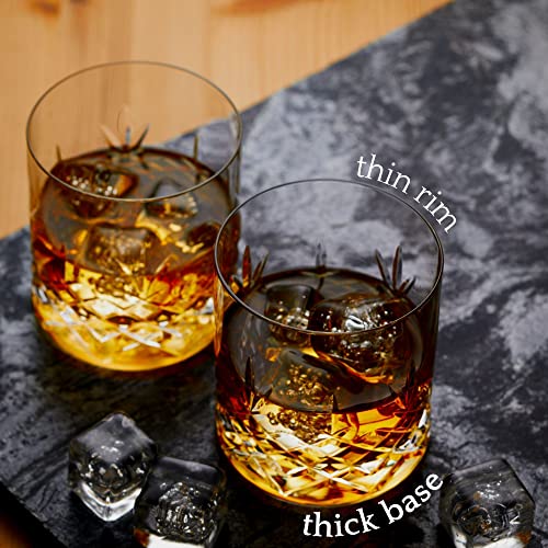 Hemswell Crystal Whiskey Glass Old Fashioned Glass Set Of 2 - Whisky Glasses 2-11Oz Crystal Low Baller Tumbler Solid Base & Thin Rim - Perfect For Bourbon On The Rocks - Satin Lined Box #TOP1
