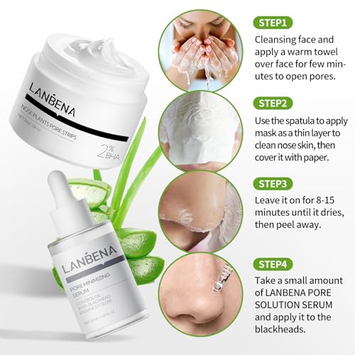 LANBENA 3 in 1 Mitesserentferner Set Tiefenreinigung Porenstreifen, Klärendes Serum & Entfernen Papiere Nase & Gesicht Mitesser Behandlung Minimiert Poren & Verfeinert Hauttextur Hinterlässt Haut