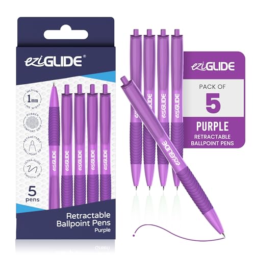 Eziglide Retractable Ballpoint Pens 5-Pack Purple Pens For Smooth Writing