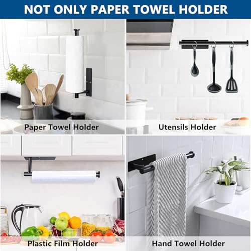 Image of Paper Towel Holder, Under Cabinet Paper Towel Roll Holder Self Adhesive or Drilling, Wall Mounted Matte Black Paper Towel Rack for Kitchen, Bathroom, SUS304 Stainless Steel
