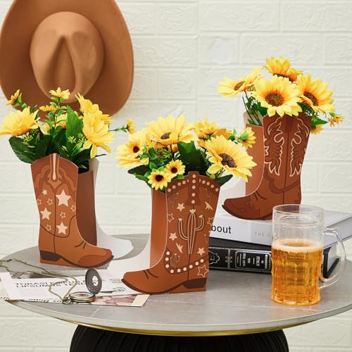 Image of 12 Set Western Cowboy Boots Flower Boxes Centerpiece Boot Shape Gift Boxes Party Decoration Vase Centerpieces for Tables for Rodeo Birthday Baby Shower Wedding Supplies